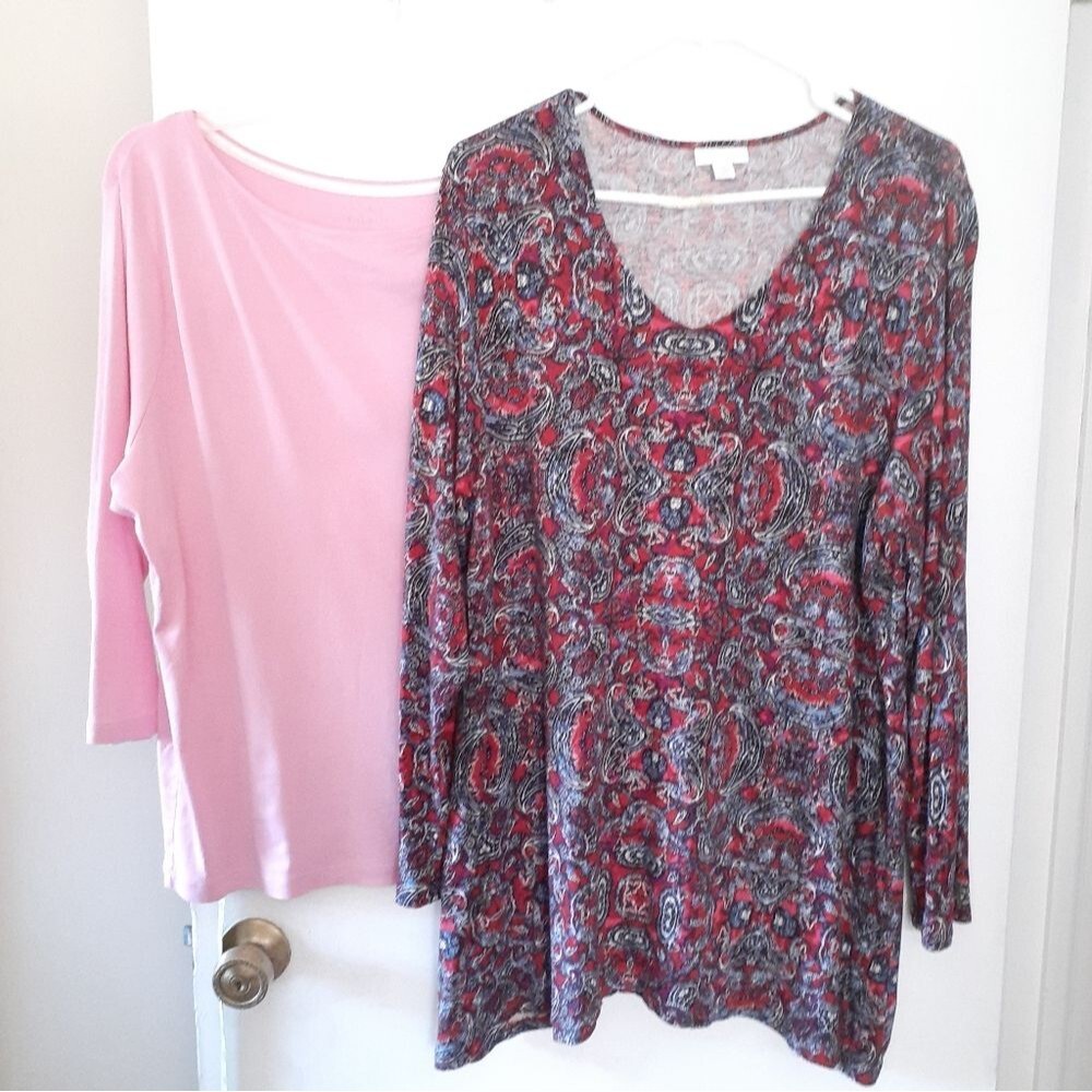 J. Jill red navy paisley 2x shirt tunic top & Talbots pink boat neck
